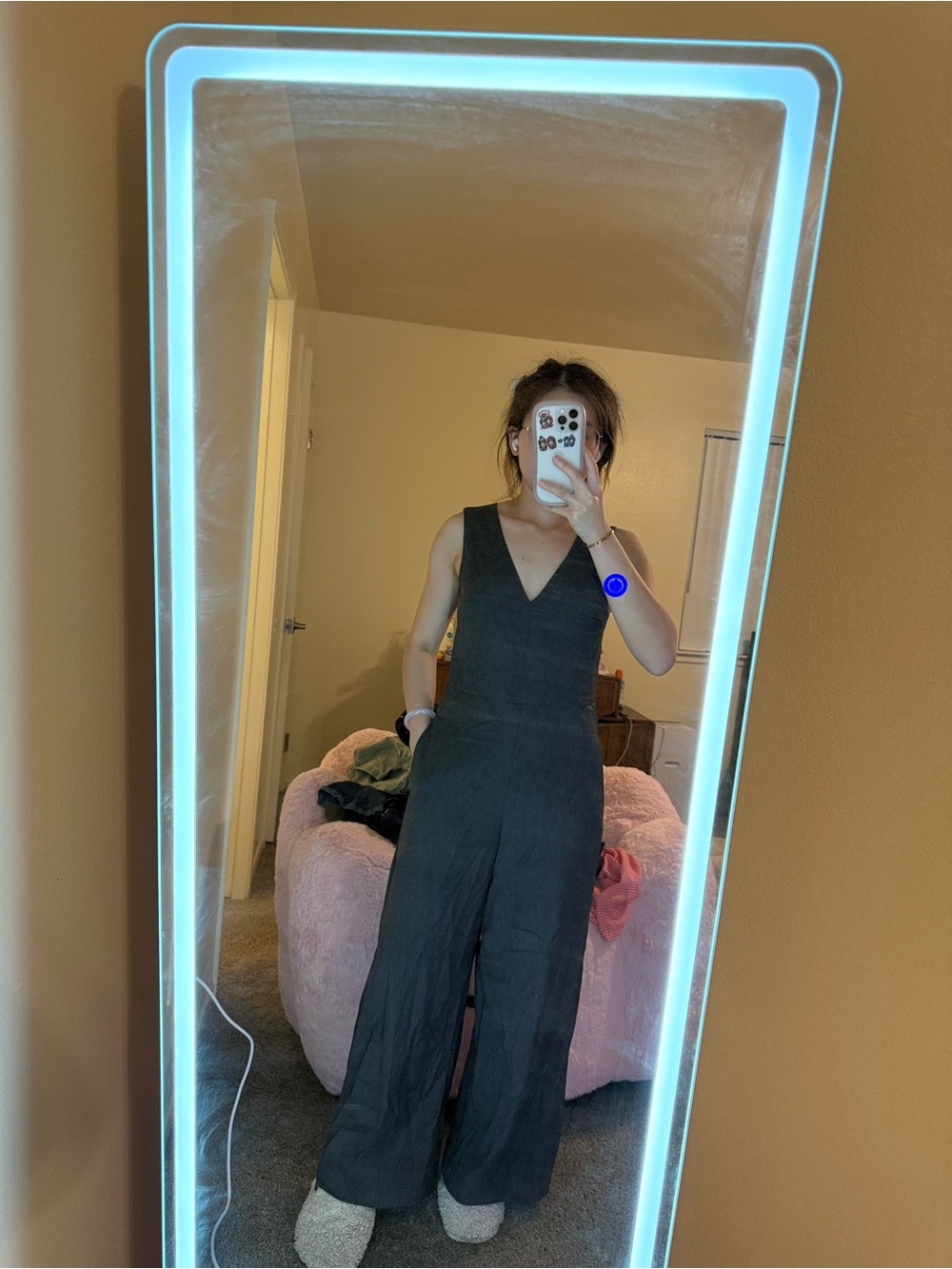 Sleeveless V-Neck Wide-Leg Jumpsuit in Charcoal